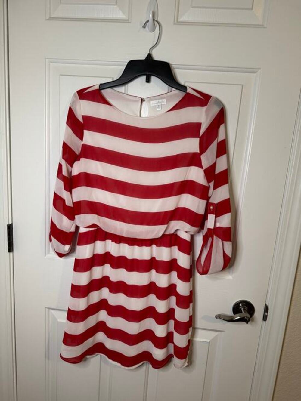 Charming Charlie Striped Roll Tab Sleeve Lined Chiffon Dress Red White S